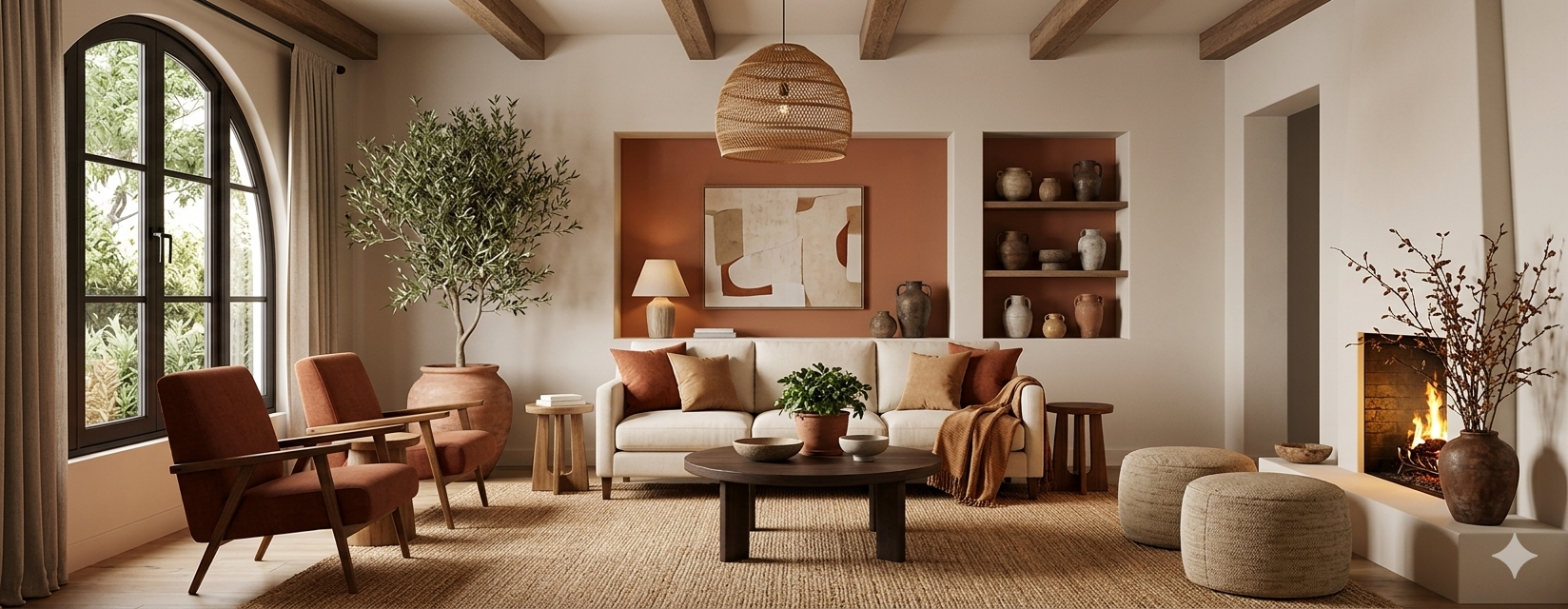 Cozy living room with warm lighting, fireplace, and comfortable seating.