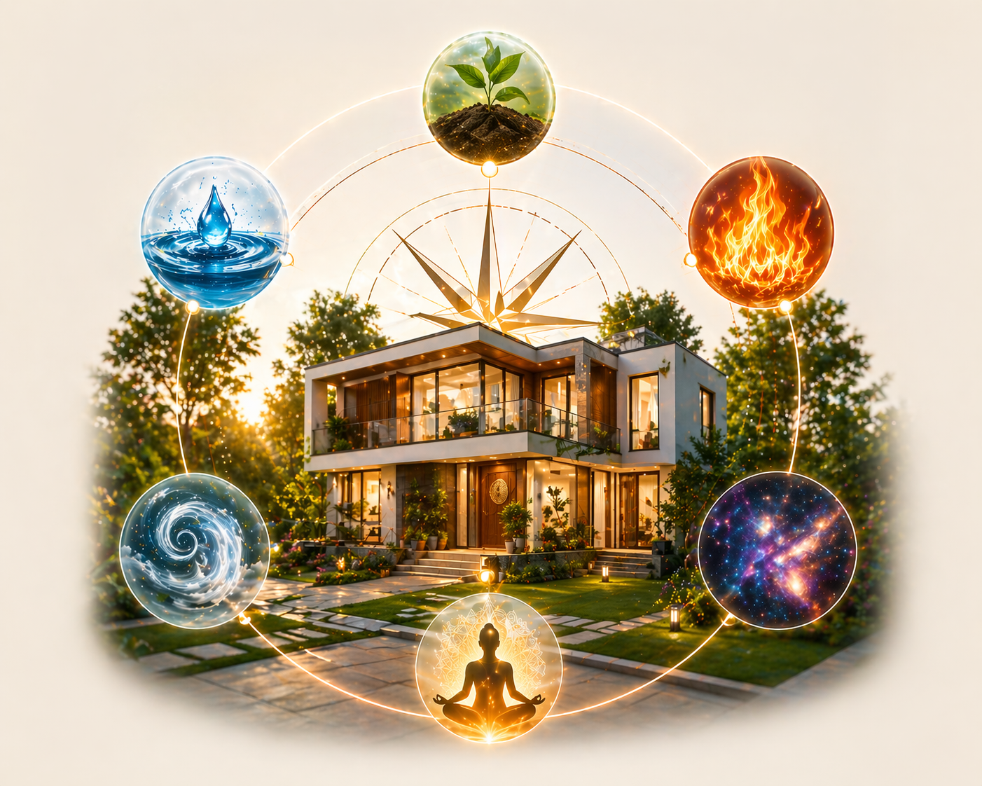 Conceptual illustration of a Vastu expert harmonizing elements around a house.