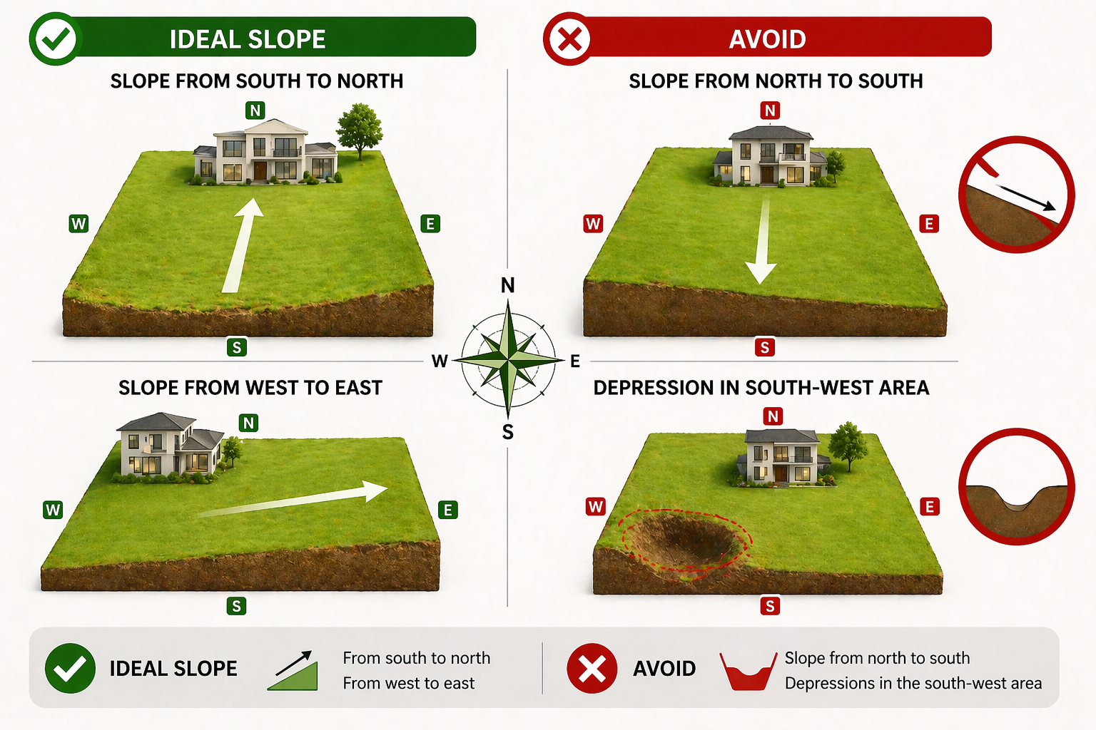 Diagram showing ideal slope guidelines and vastu tips for buying land.