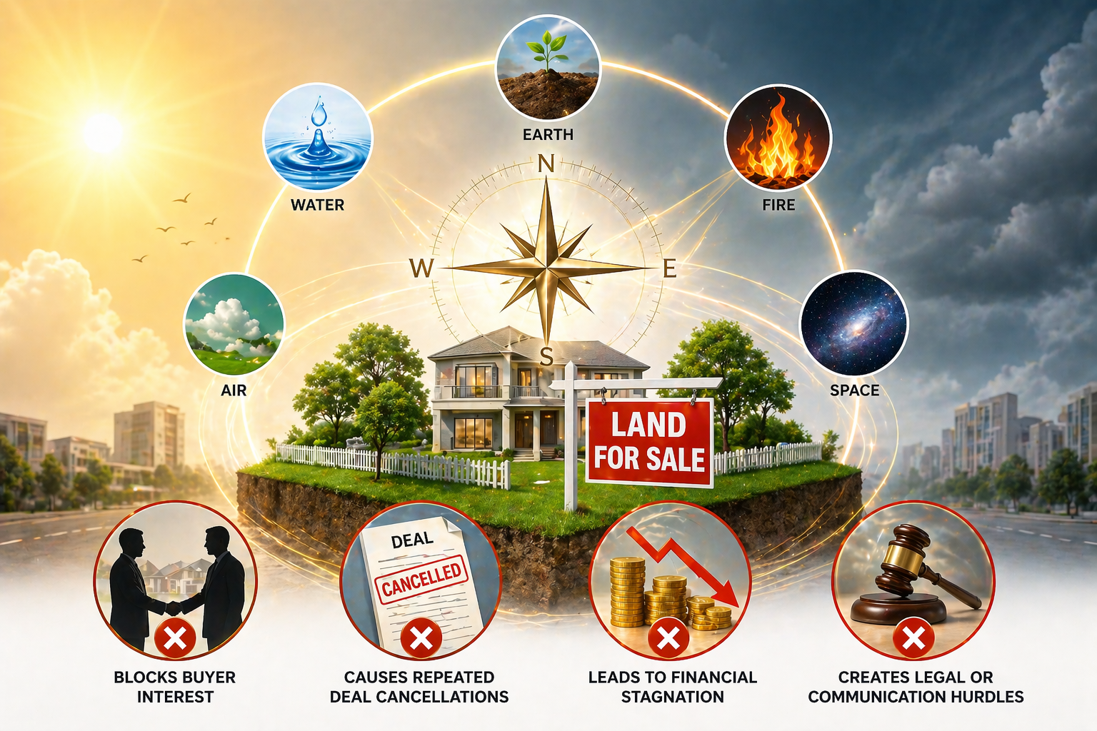 "A conceptual illustration showing land for sale with Vastu elements and energy symbols, representing how to sell land fast with Vastu by attracting potential buyers and removing energetic obstacles."