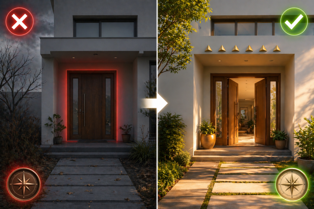 "A split-screen comparison showing a Vastu-defective entrance versus a corrected door, highlighting common Vastu mistakes and remedies."
