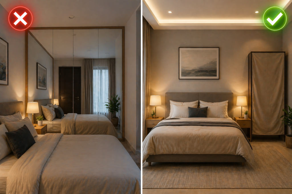 A side-by-side bedroom comparison showing common Vastu mistakes in furniture placement versus a corrected, harmonious room layout."