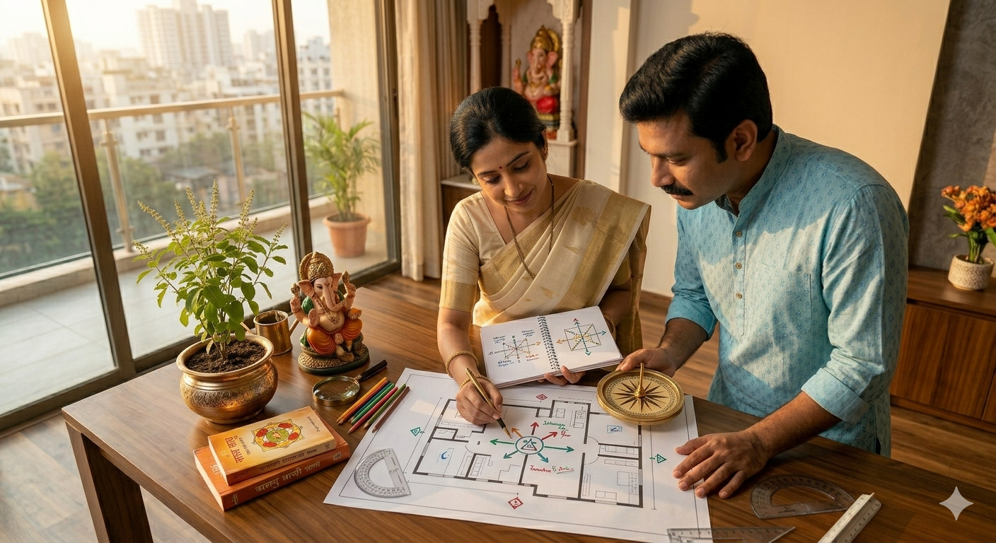 Hiring a Vastu expert in Delhi, with professional studying blueprints with a client.
