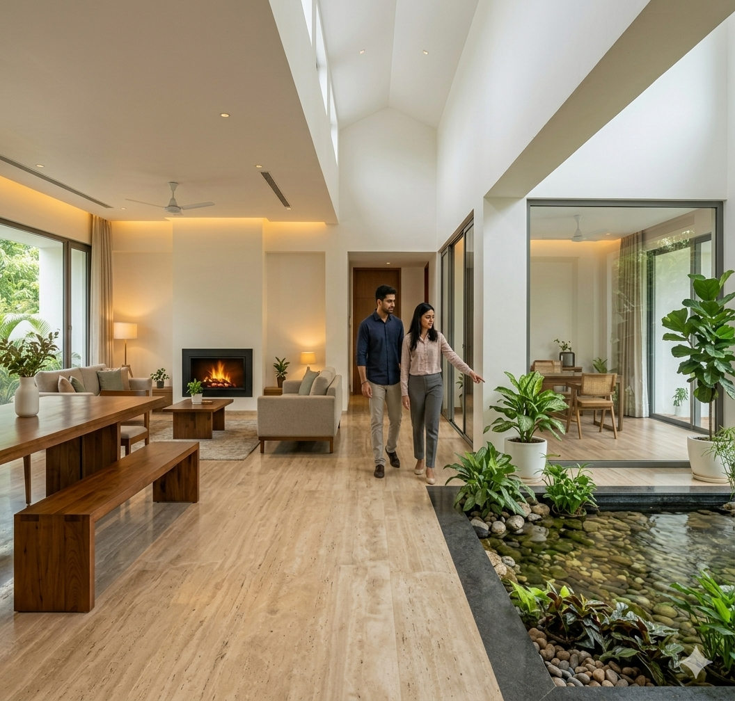 A couple walking through a bright, peaceful living room designed by a professional Health Vastu consultant.