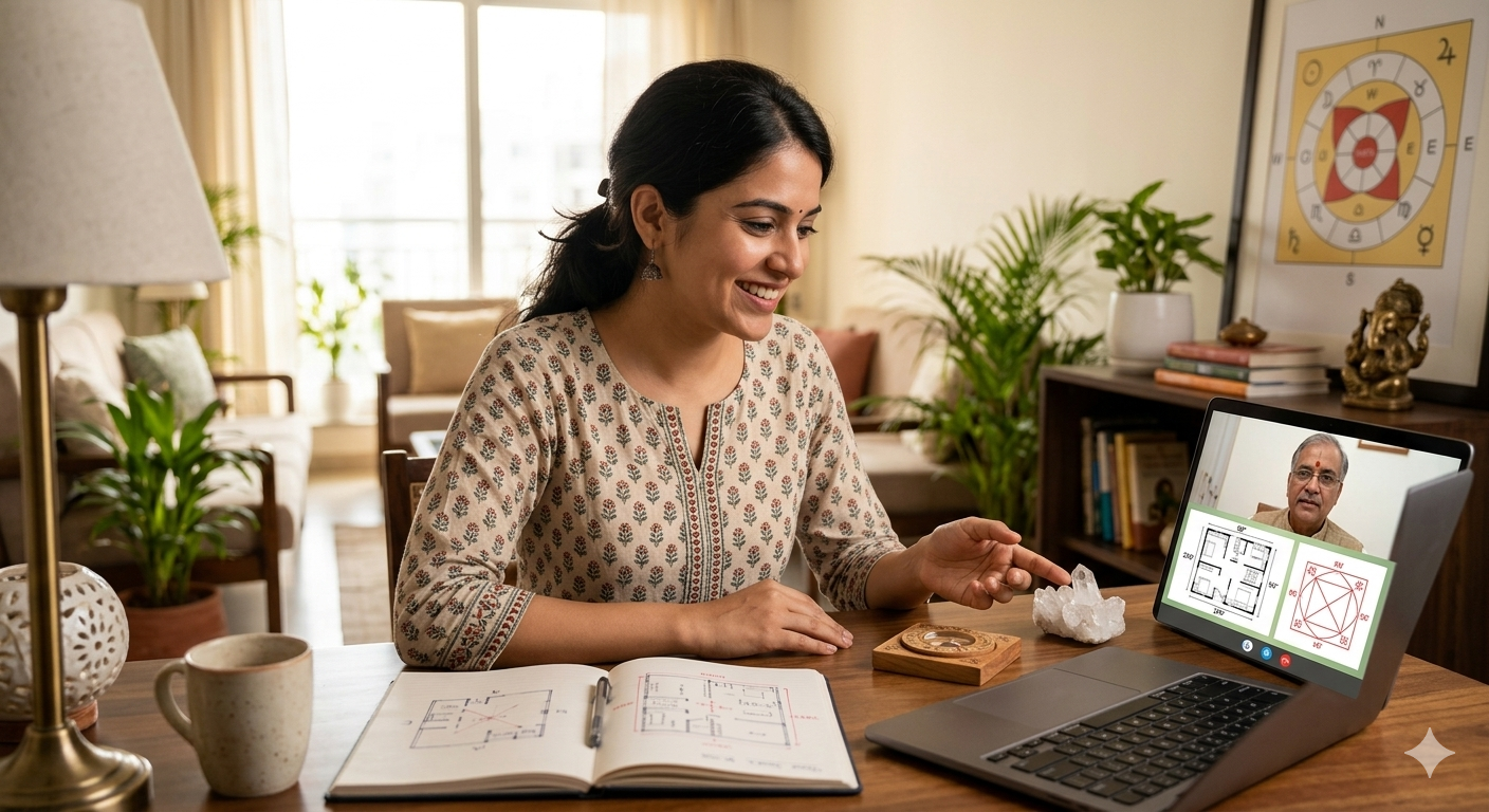 A woman attending an online vastu consultation on her laptop from home.