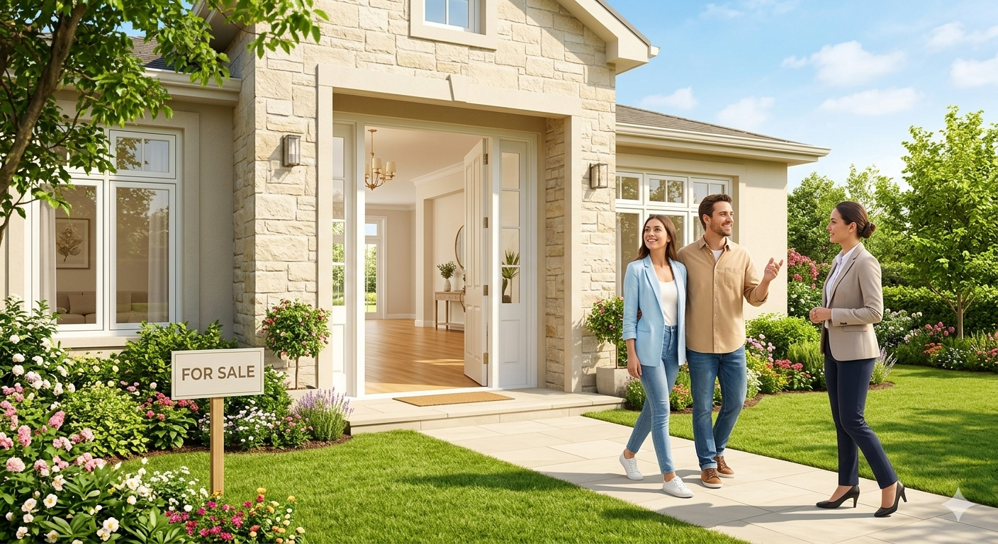 "Real estate agent and buyers viewing a home, illustrating vastu tips for selling property."