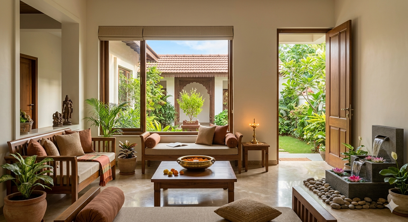 A beautifully balanced living room designed by a Vastu consultant near me, featuring natural wooden furniture, indoor plants, and a peaceful water fountain.