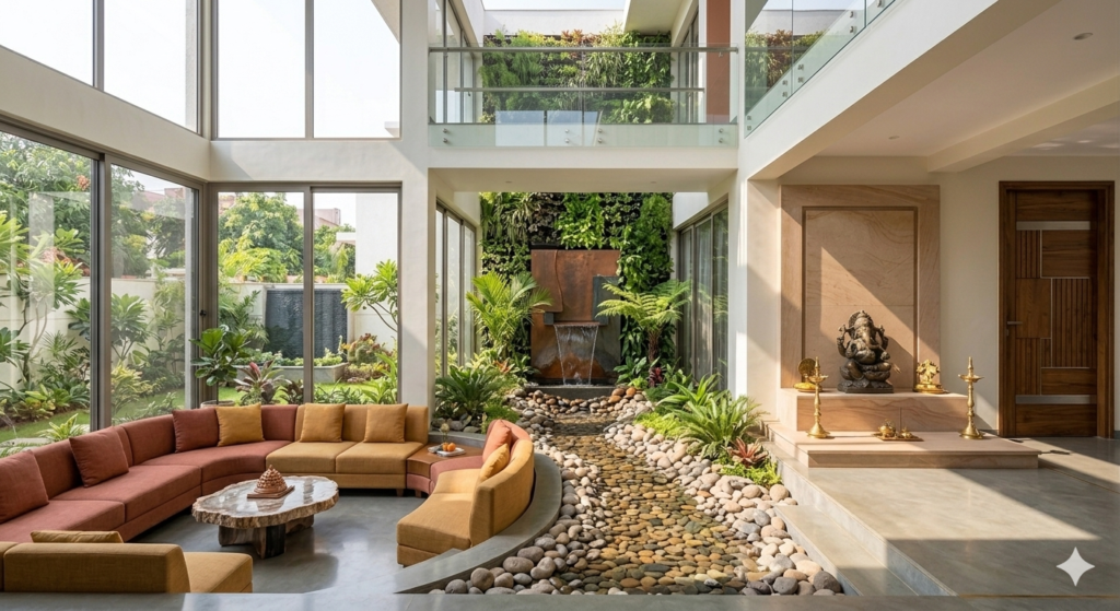 A bright, open living room designed by a Vastu consultant near me, utilizing strategic placement of furniture, plants, and an indoor water feature to correct positive energy flow.