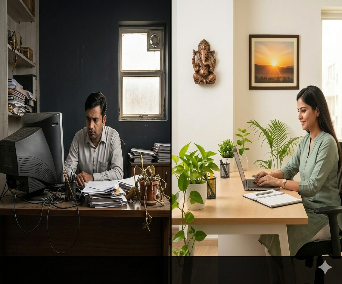 Productive versus stressful workspace showing vastu tips for career growth