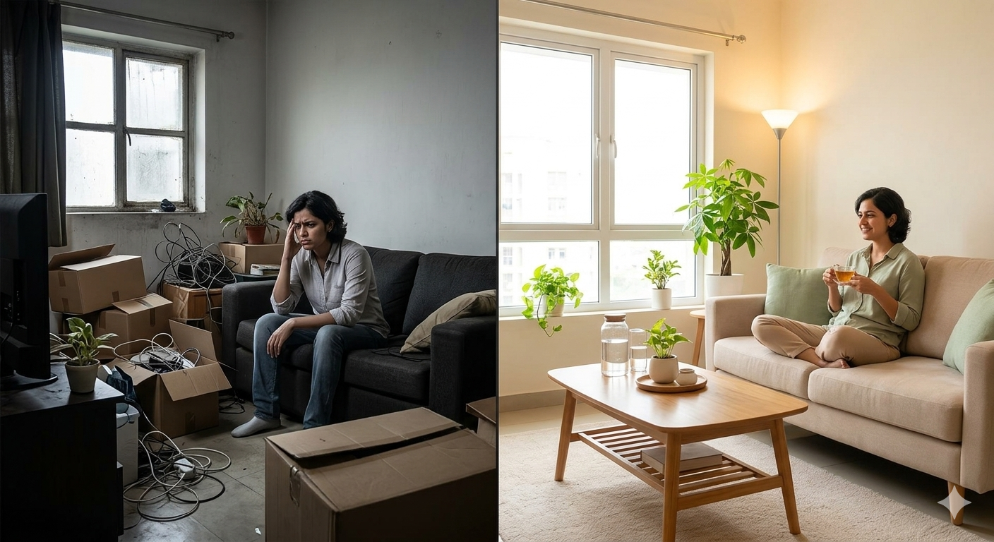 A comparison image showing a disorganized living room versus a tidy, well-lit space, illustrating Vastu tips for rented house.