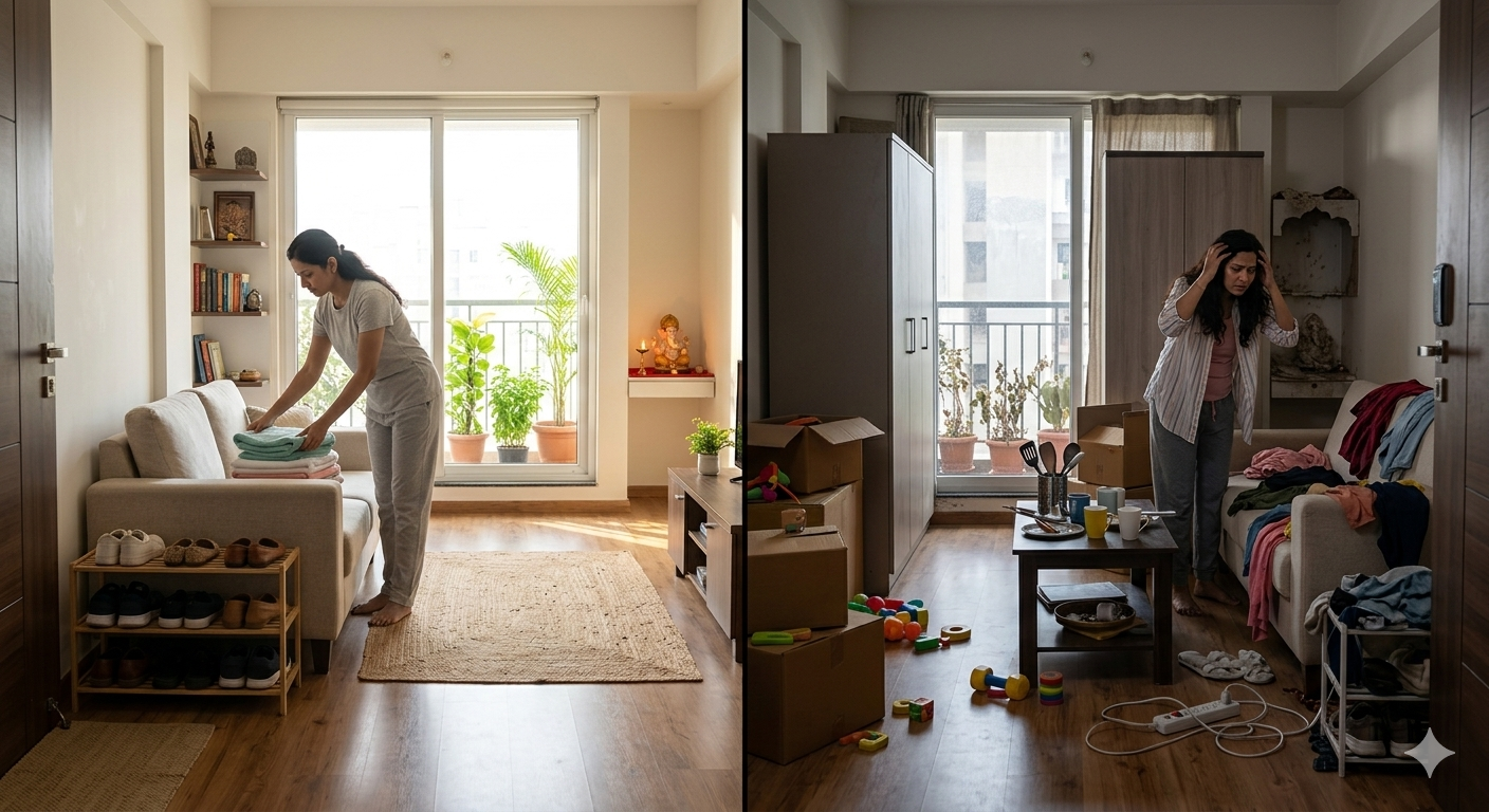 A side-by-side view of a disorganized apartment compared to a peaceful, tidy room, showcasing the impact of following Vastu tips for rental house arrangements.