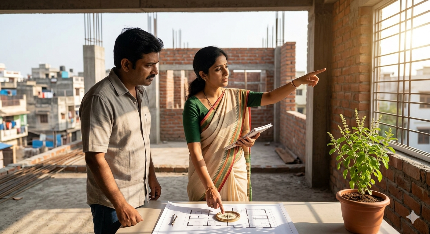 Illustration of hiring a Vastu expert in Delhi, showing a consultant and client reviewing blueprints with a compass, with a stylized outline of Delhi landmarks in the background.