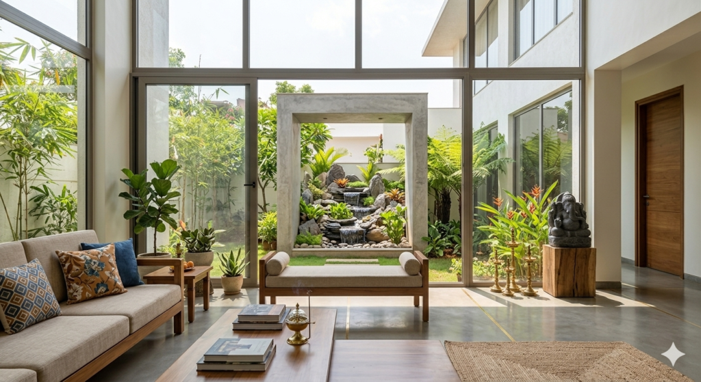 Modern, bright living room with large glass windows and an indoor waterfall feature designed by a Vastu consultant near me to enhance positive energy flow.
