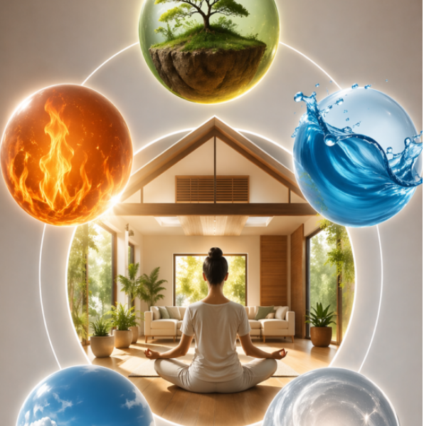Interior design concept for Vastu for health and well-being, featuring a person meditating.