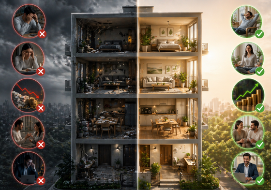 "Split view of a house showing the contrast between poor and good energy flow, illustrating common Vastu mistakes and remedies."