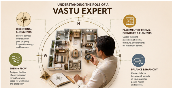 A Vastu expert reviewing a floor plan, offering expert vastu tips for home design.