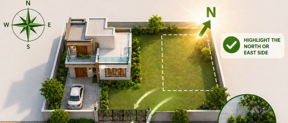 "A 3D architectural rendering showing a plot of land with Vastu directional markers and a 'For Sale' sign, illustrating how to sell land fast with Vastu by aligning the property's energy to attract buyers."