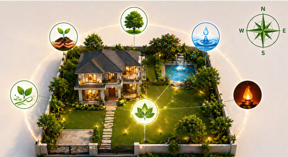 "A vibrant, top-down 3D view of a residential plot featuring Vastu directional elements, symbolizing how to sell land fast with Vastu by optimizing the property's energy to attract serious buyers."
