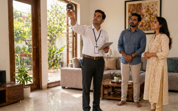 Best House Direction as per Vastu consultation showing experts guiding homeowners on ideal entrance and home orientation for prosperity and harmony.