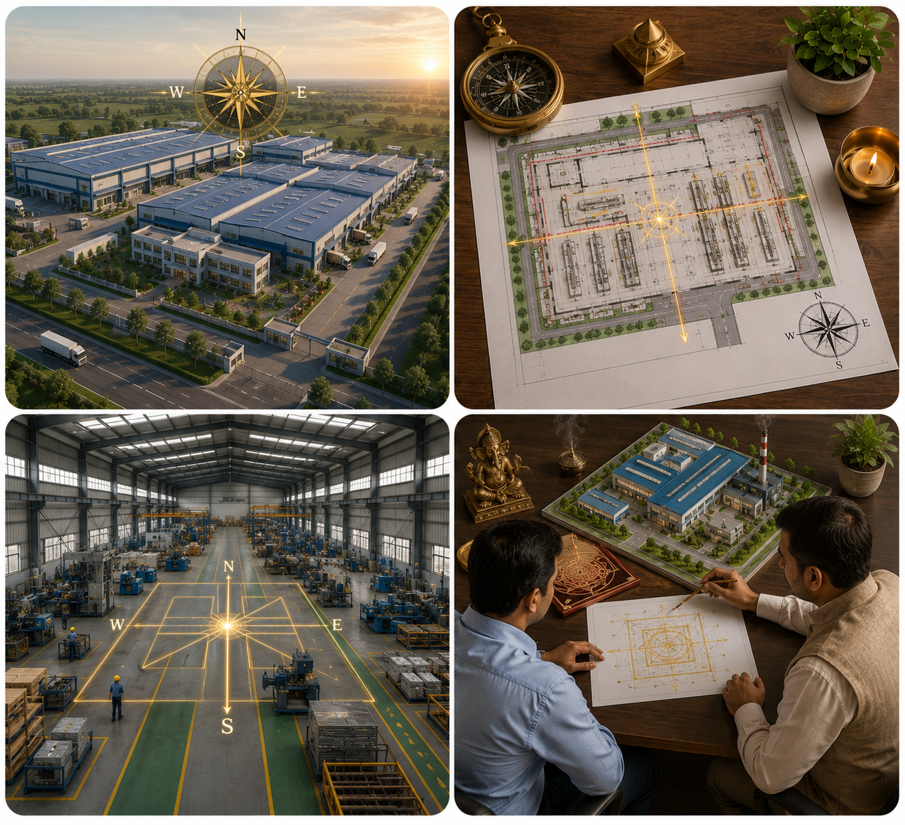 Factory Vastu Consultation collage showing industrial layout planning, factory design, machinery setup, and Vastu analysis for productivity.