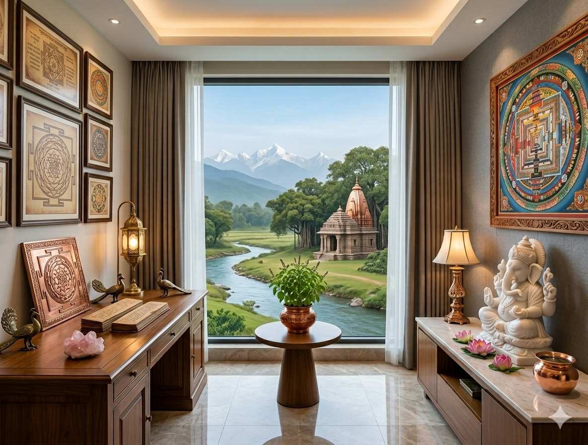 A beautiful, balanced room setup designed to invite positive energy, reflecting key residential vastu principles for your home.
