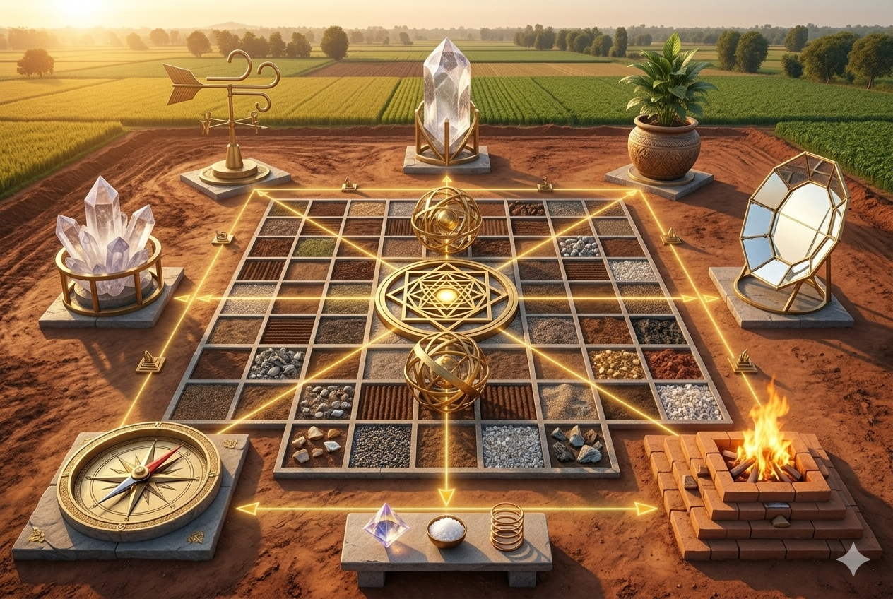 Land selection through vastu analysis using a grid layout map on an open plot.