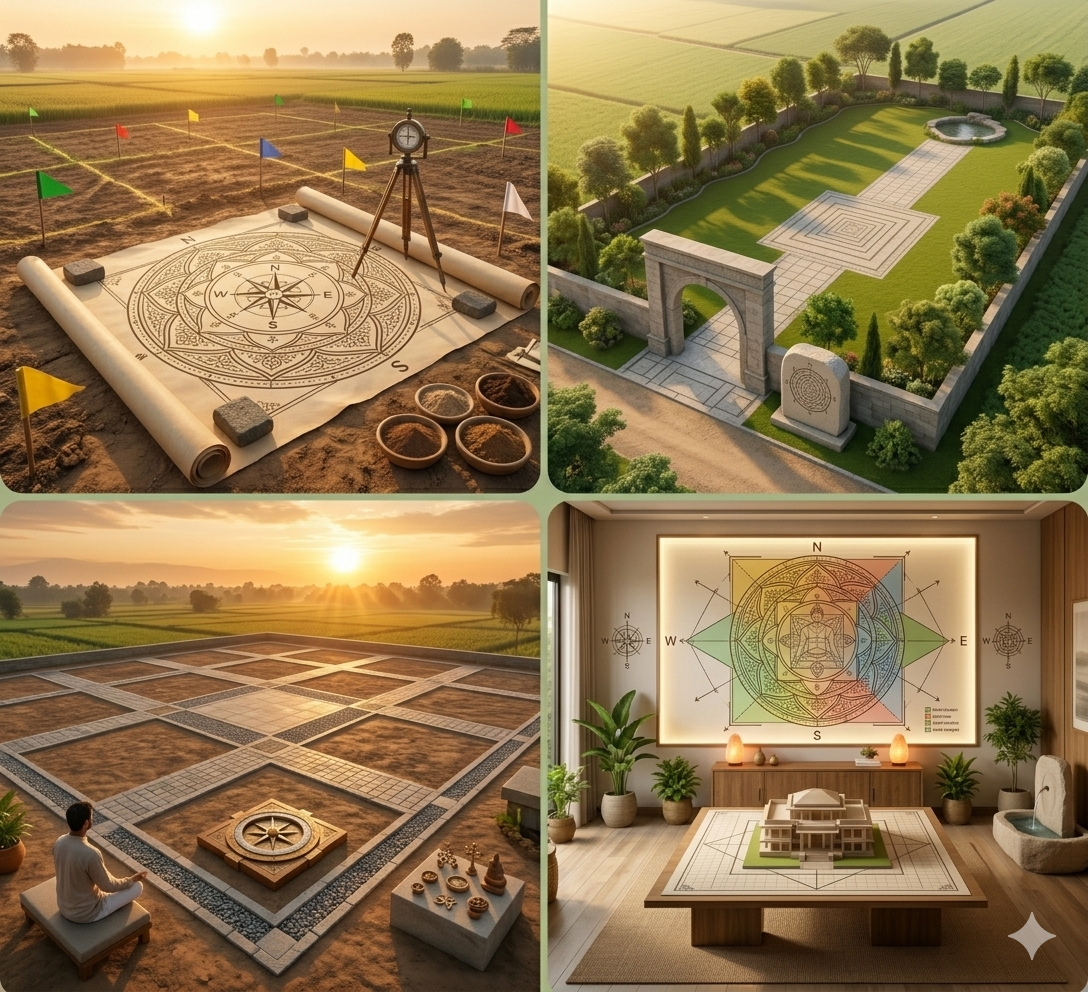Collage showing plot evaluation and land selection through vastu grid planning and layout mapping.