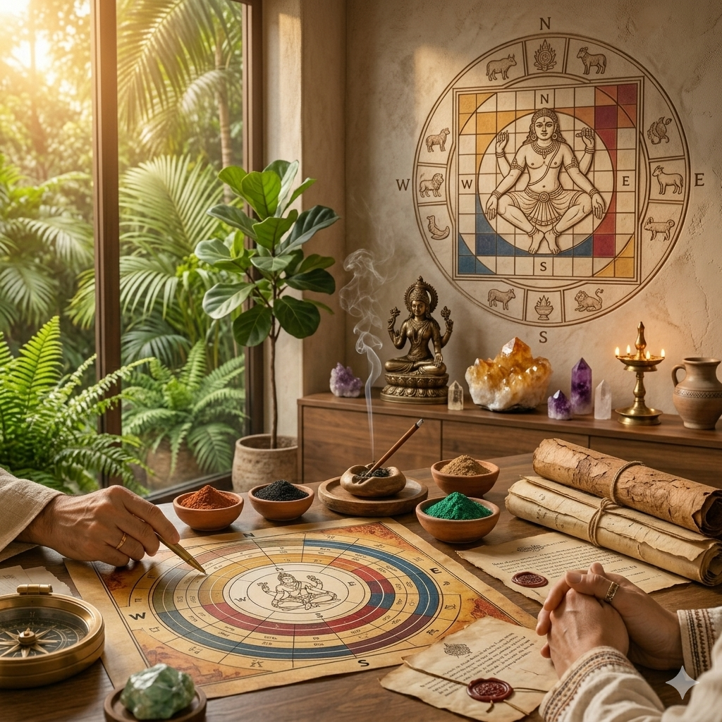 Land selection through vastu consultation featuring ancient maps, charts, and architectural layout planning.