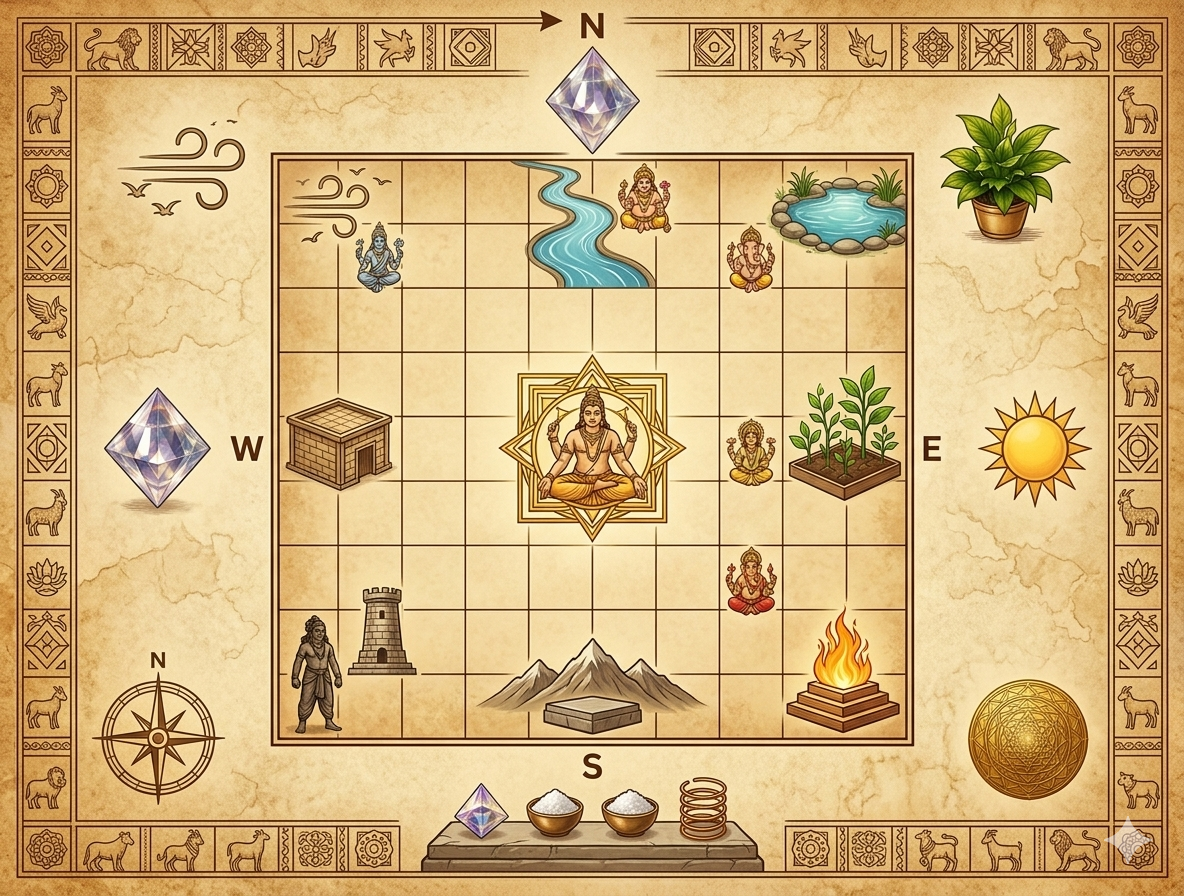 Land selection through vastu chart mapping natural elements and directional guidelines on a ancient grid map.