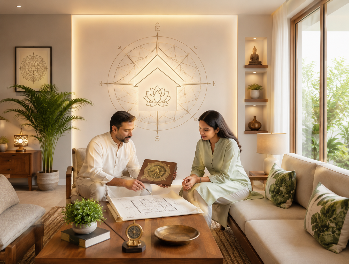 A couple consulting with an expert over architectural plans, utilizing Vastu insights to ensure a harmonious residential design.
