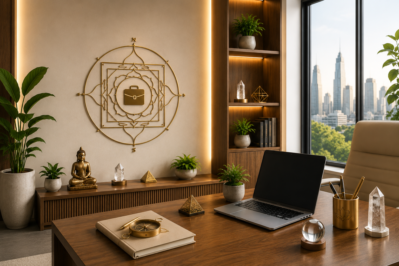 A modern executive desk setup with Vastu symbols on the wall, showcasing our Career Vastu Consultation services.