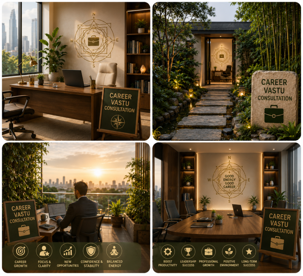 Collage of modern office workspaces and design elements used in a professional Career Vastu Consultation.
