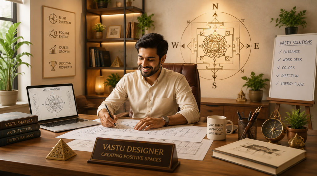 A consultant working in an office designed with Vastu principles during a professional Career Vastu Consultation session.