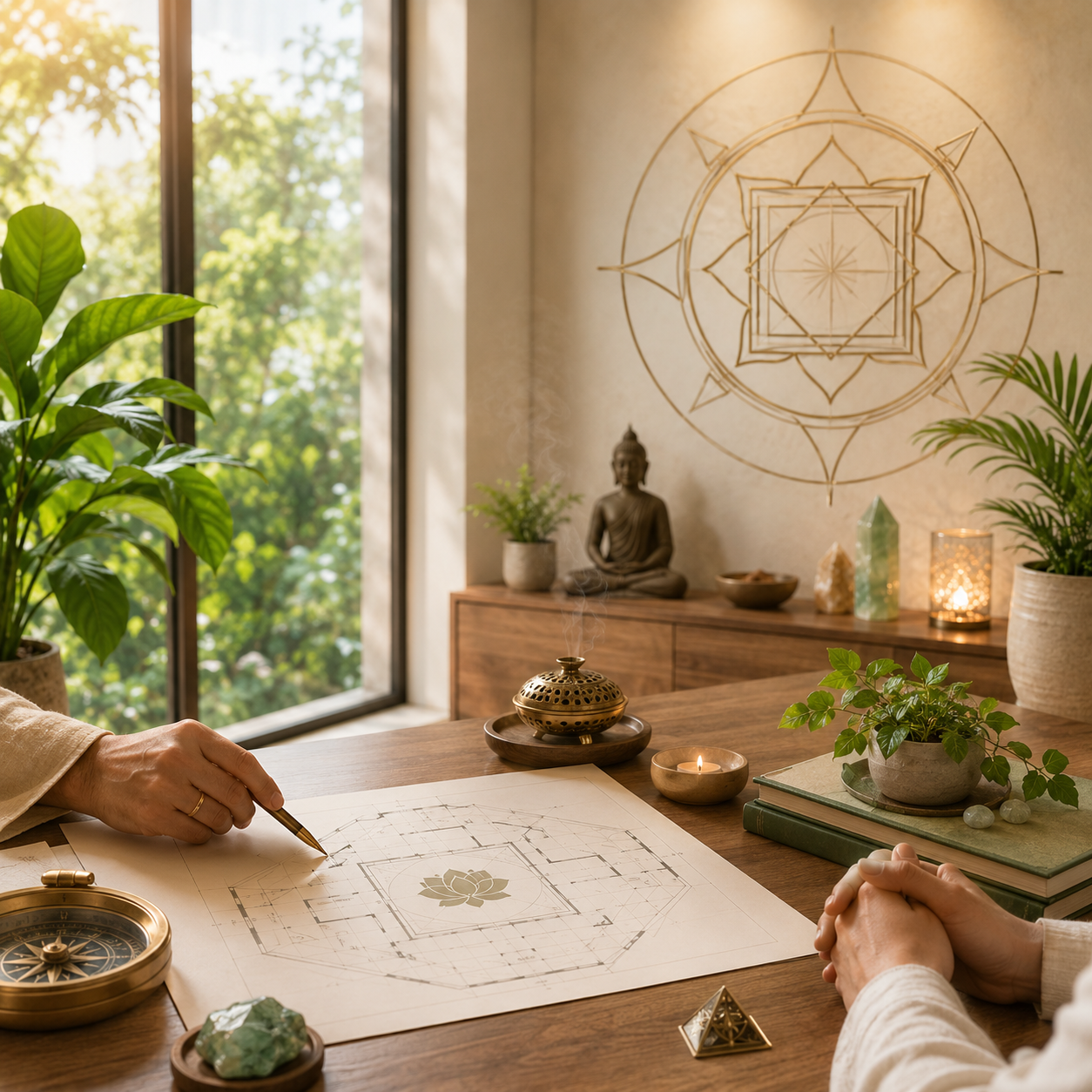 Health vastu consultation session with expert mapping cosmic geometry charts to improve family wellness.