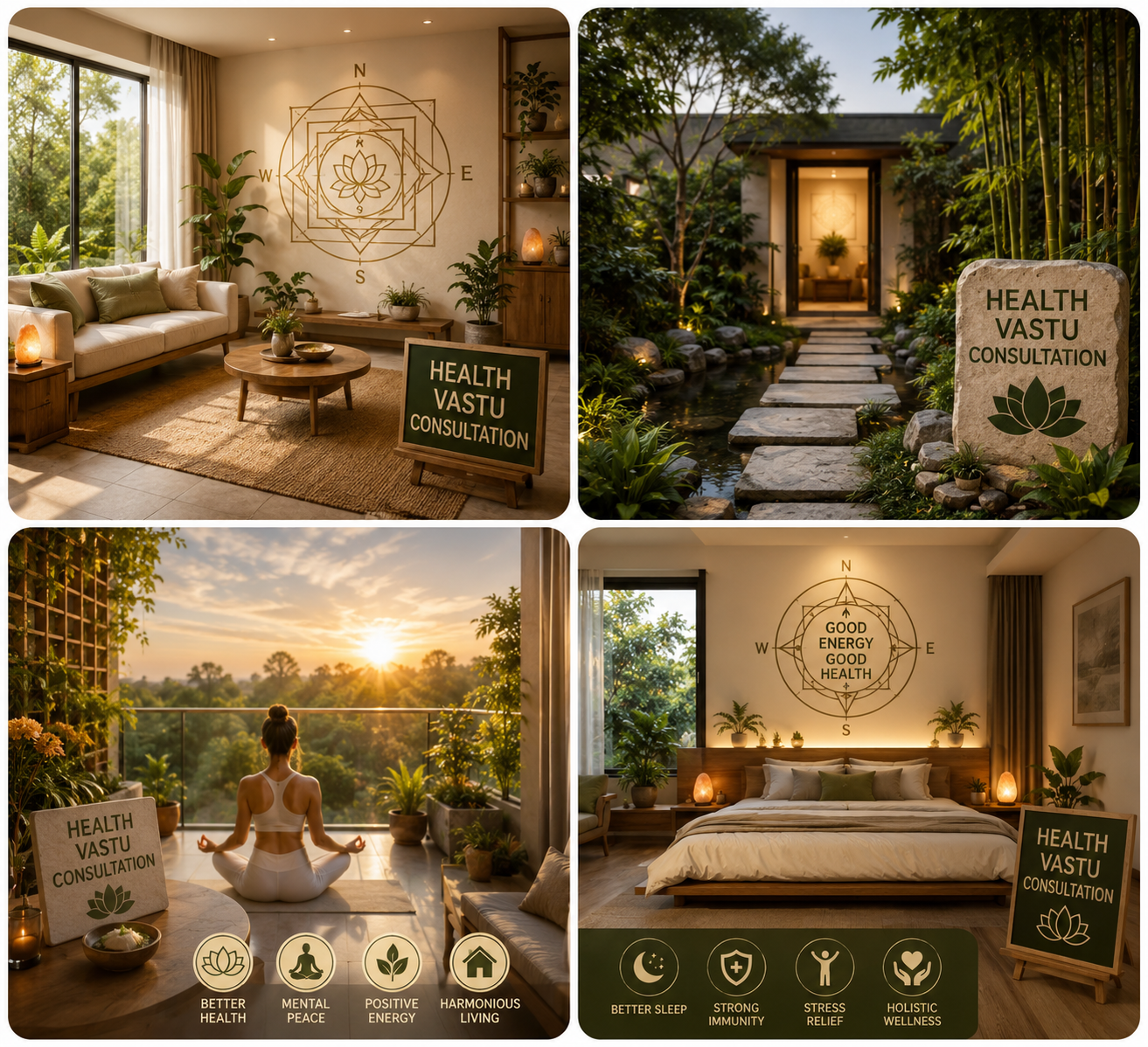 Health vastu consultation collage showing peaceful home interiors, a wellness garden entrance, and balanced bedroom layouts.