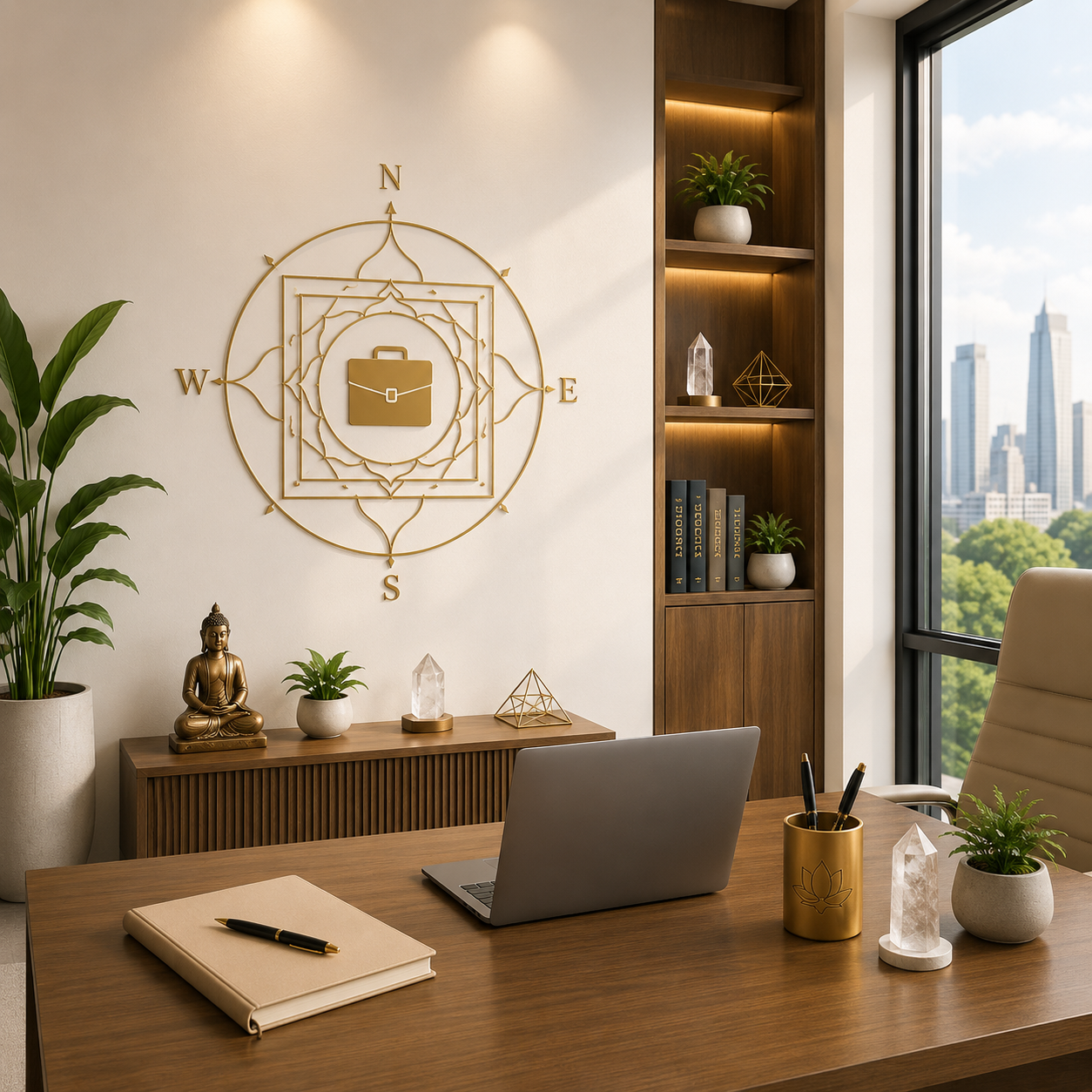 Modern office interior with Vastu symbols to enhance productivity and success, ideal for Career Vastu Consultation.
