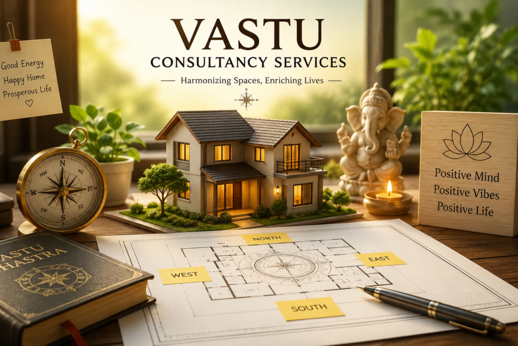 Vastu Consultancy Services illustration with a house model, compass, and floor plan.