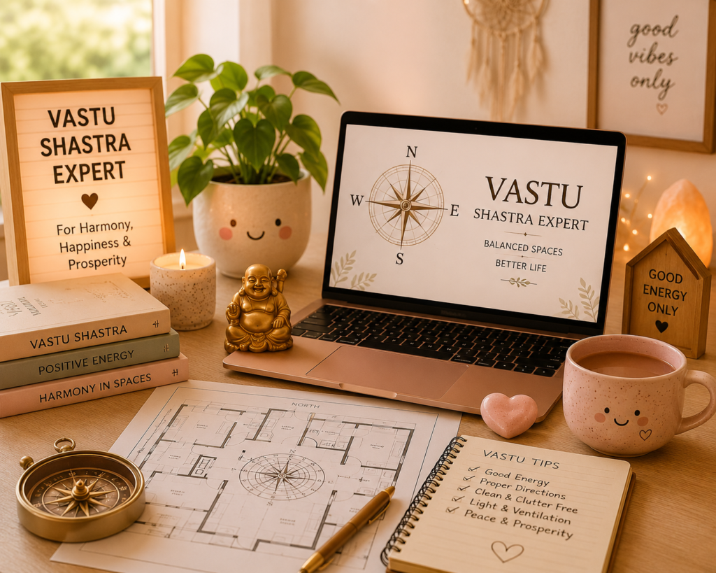 Cute Vastu Shastra Expert workspace with compass, floor plan, teddy, and positive energy décor.
