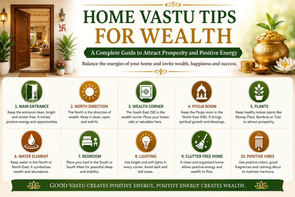 **Alt Text (SEO-friendly):**
**Home Vastu Tips for Wealth infographic with practical ways to attract prosperity and positive energy into your home.**