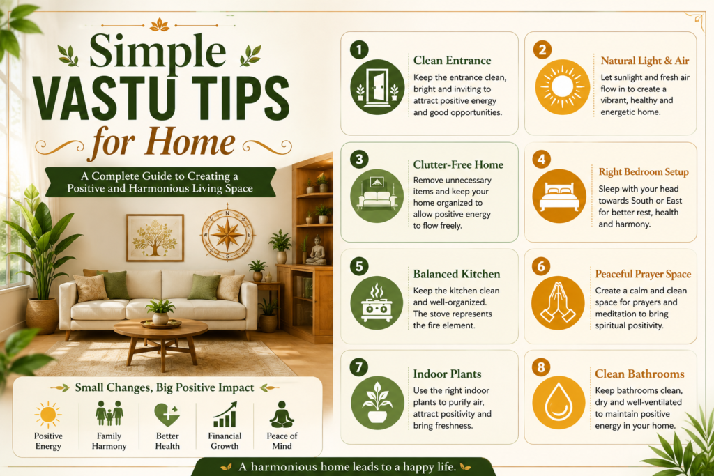 
**Simple Vastu Tips for Home infographic showing practical ways to create a positive and harmonious living space.**
