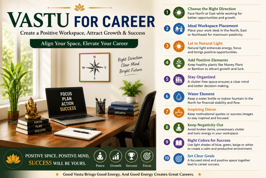 Vastu for Career infographic showing workspace tips to boost focus, productivity, and career success.**