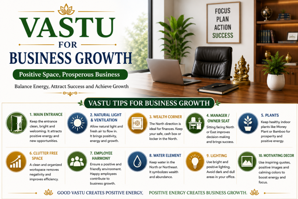 Vastu for Business Growth infographic with practical tips to create a positive, productive, and prosperous workspace.